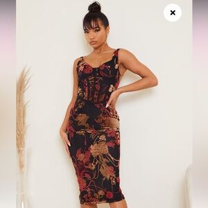 Pretty Little Thing • Floral Flocked Sleeveless Corset Detail Midi Dress